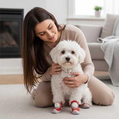 Chaussures pour Chien rouge avec un chien entre les bras d'une femme