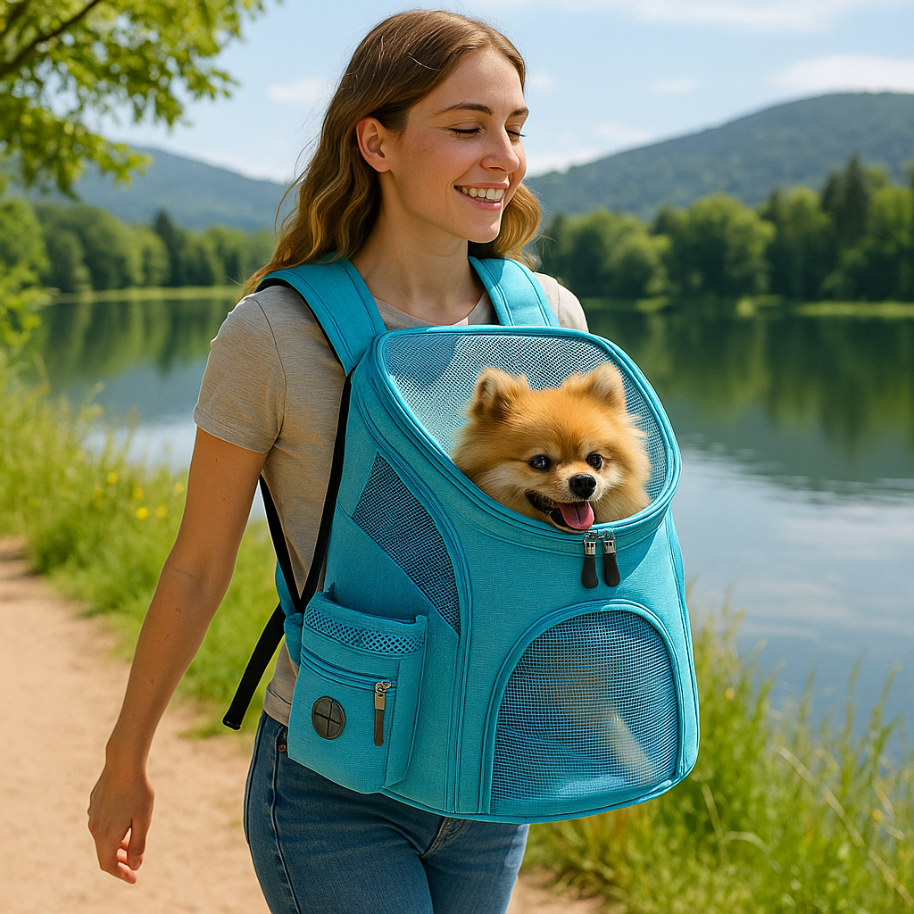 Femme sur la rive d'un lac, transportant son chien dans un sac de transport turquoise
