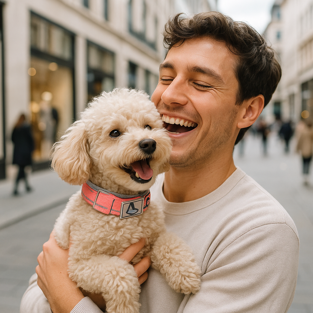 Jeune heureux d'être avec son caniche vêtu d'un magnifique collier rose