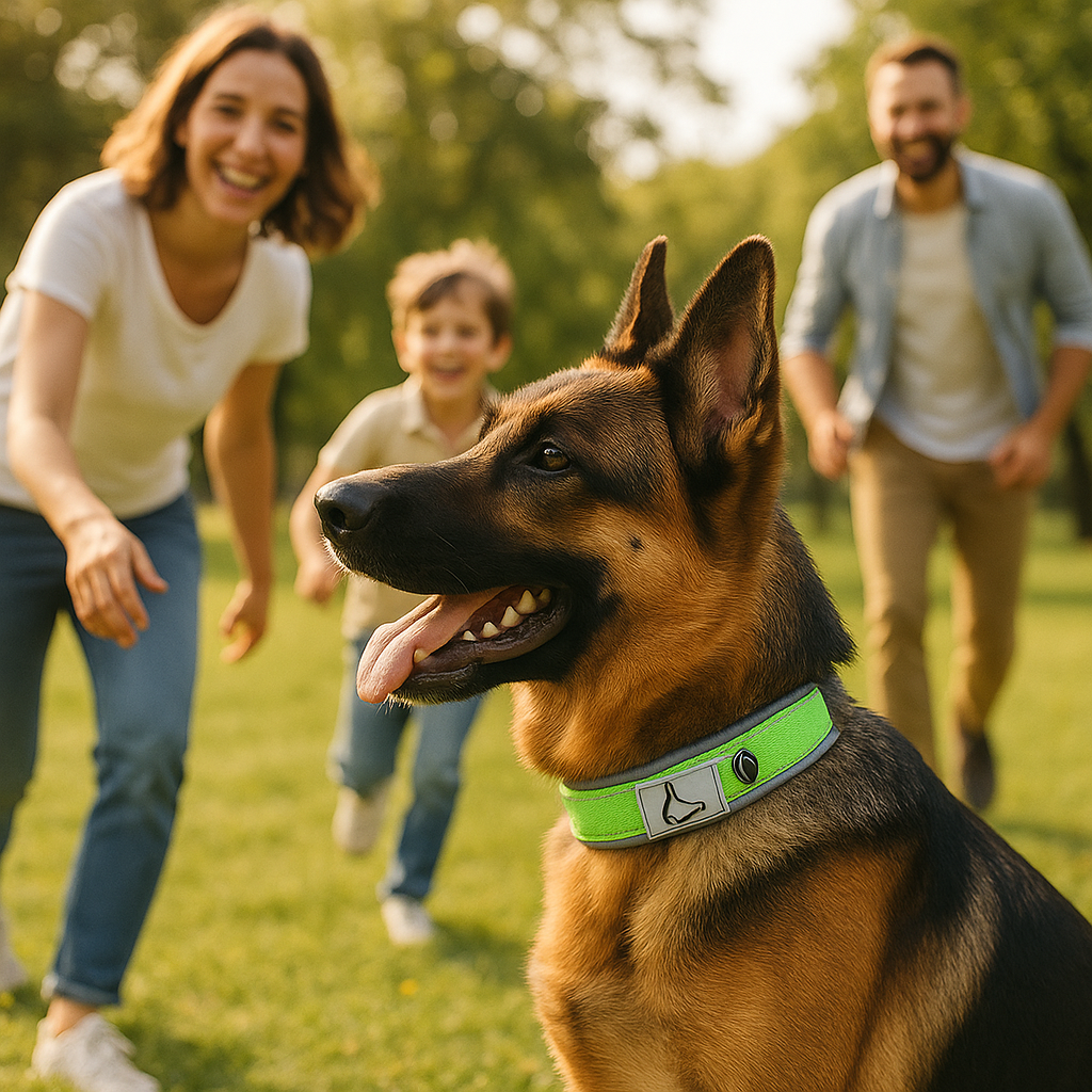 Une belle famille qui joue et s'amuse avec leur chien au parc