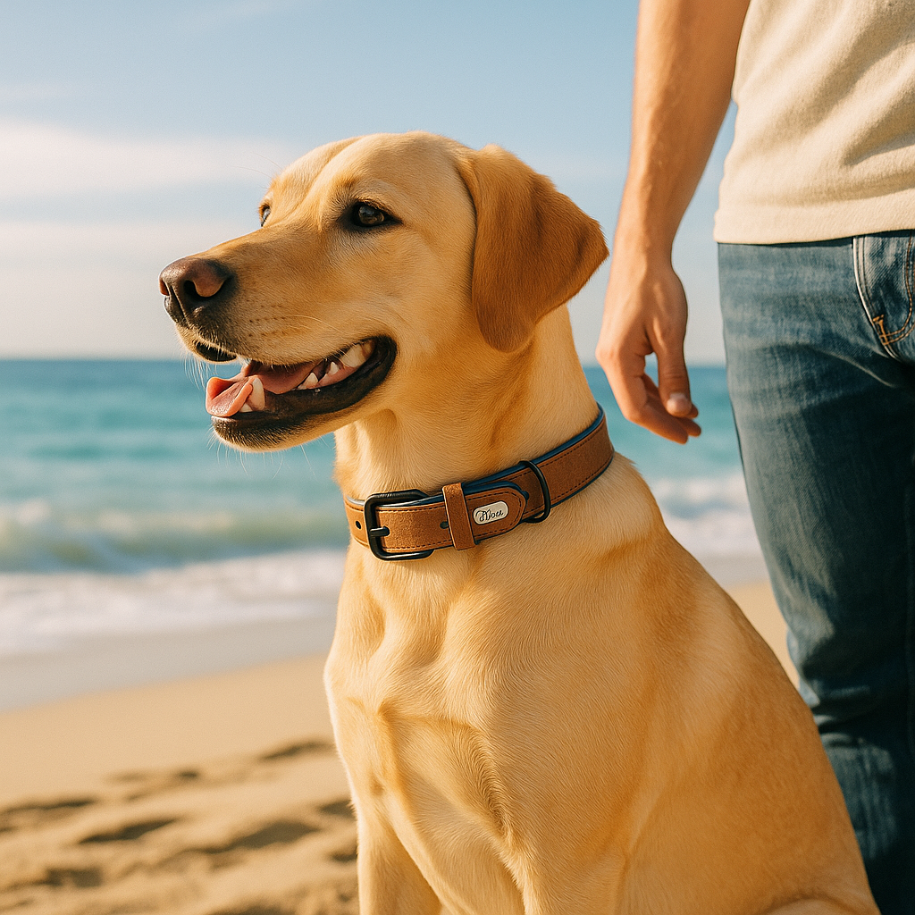 Magnifique Labrador retreiver à cÎté de son maßtre au bord de la mer