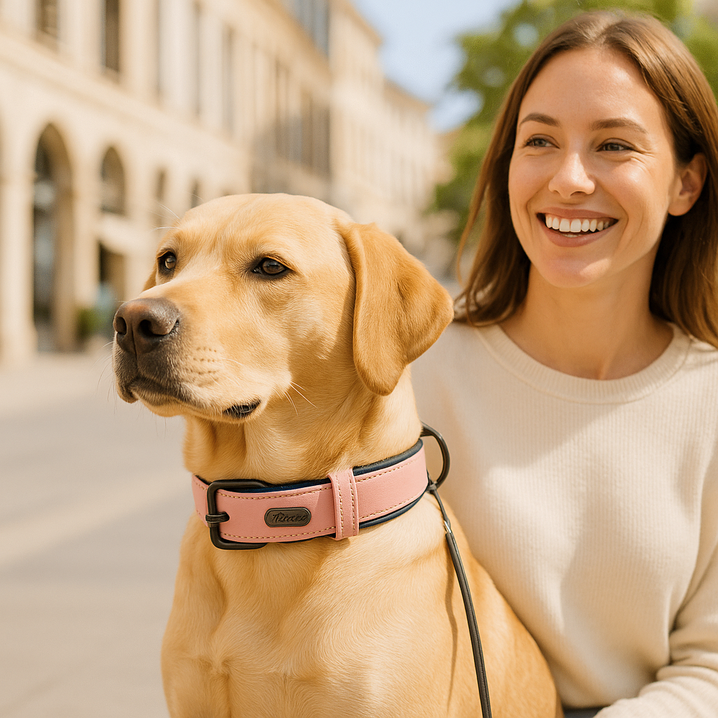 Magnifique Labrador vĂȘtu de son collier rose Ă cĂŽtĂ© de son maĂźtre