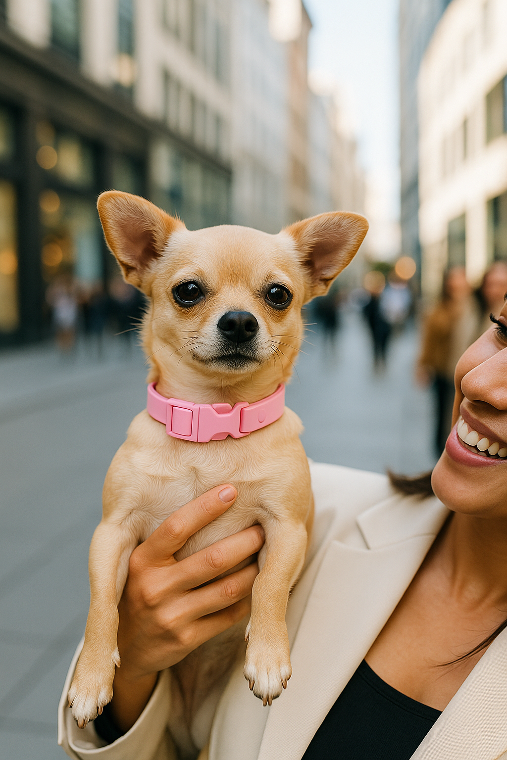 Petit chiwawa en compagnie de sa maîtresse joyeuse et heureuse de se promener au centre-ville