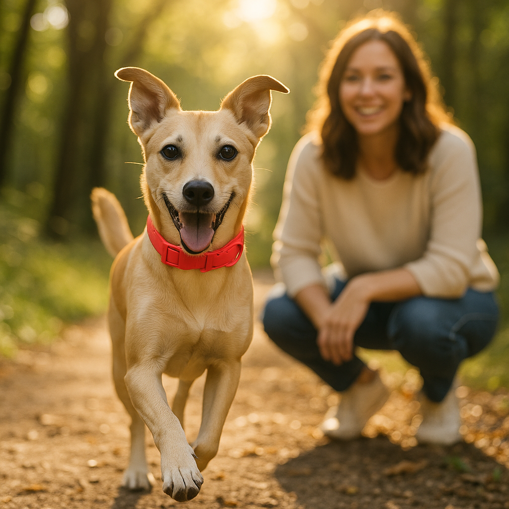 Chien joyeux et content, ainsi que sa maîtresse dans les bois