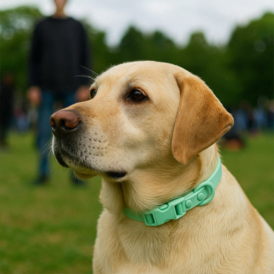 Labrador beau et élégant avec son collier vert au parc avec son maître