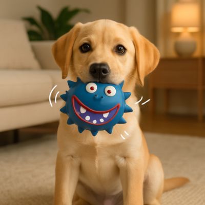 Gros plan d’un chien mordant un jouet pour chien bleu qui couine, jouet solide et durable.