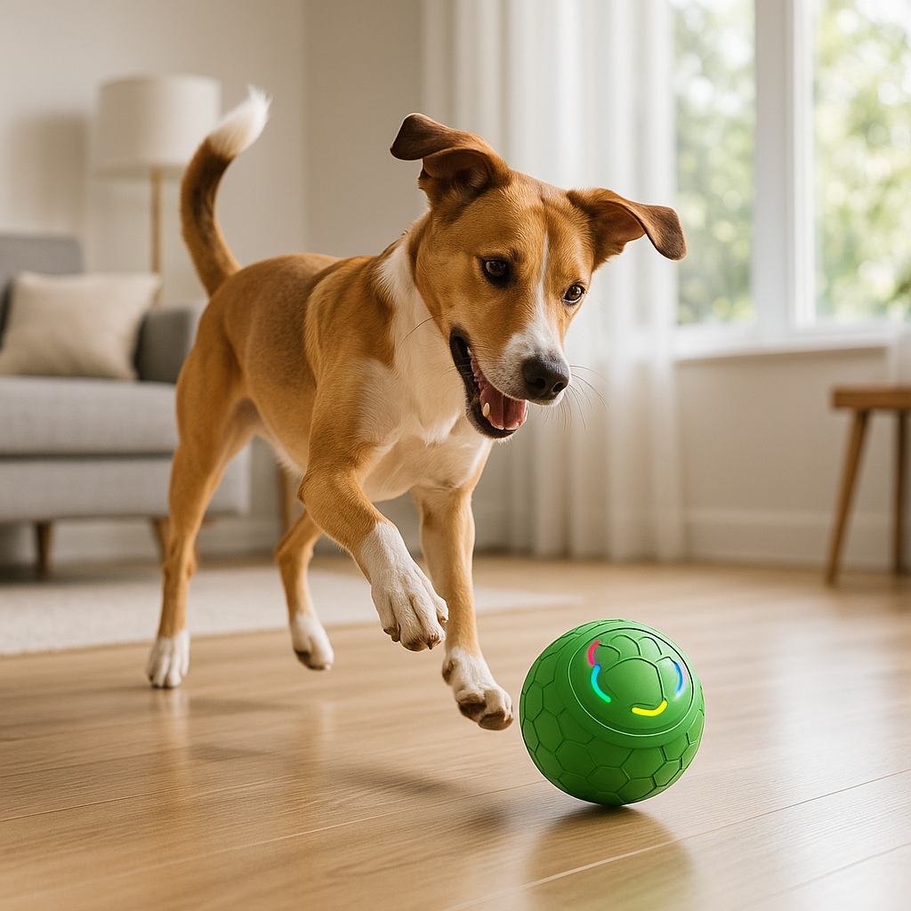 Chien profitant dâune balle interactive verte dans le salon, jouets pour chien durables pour toutes races