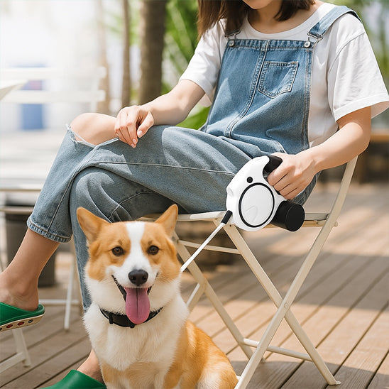 Femme assise sur une chaise, tenant son chien le long d'une laisse rétractable noir et blanc