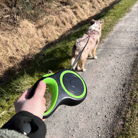 Homme sur un chemin escarpé avec son chien attaché à une laisse rétractable de couleur verte à la main