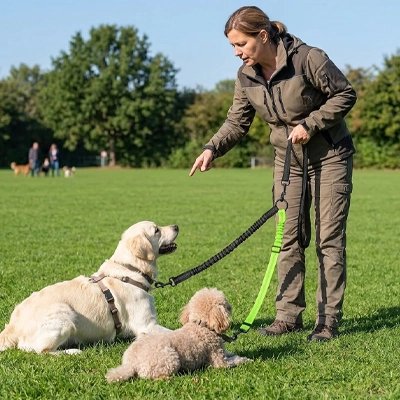 Laisse double pour Chien deux chiens assis devant une femme