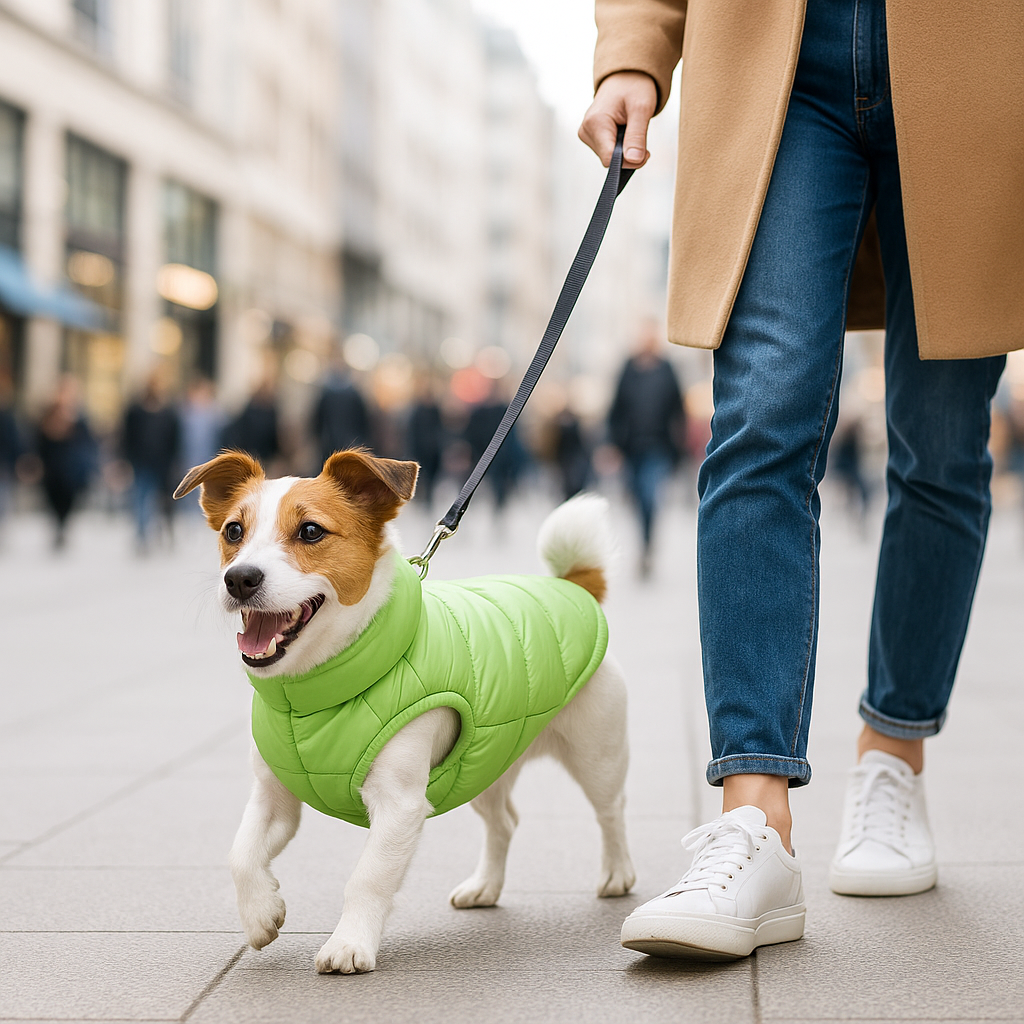 Chien avec manteau vert marchand à cÎté de sa maßtresse en ville