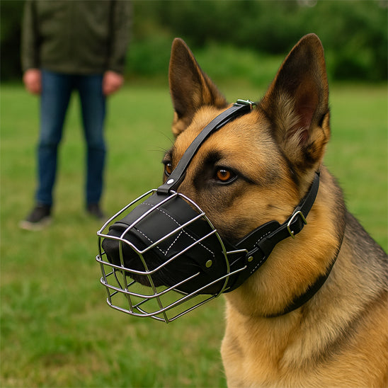 Chien avec sa muselière noir avec son maître dans un parc