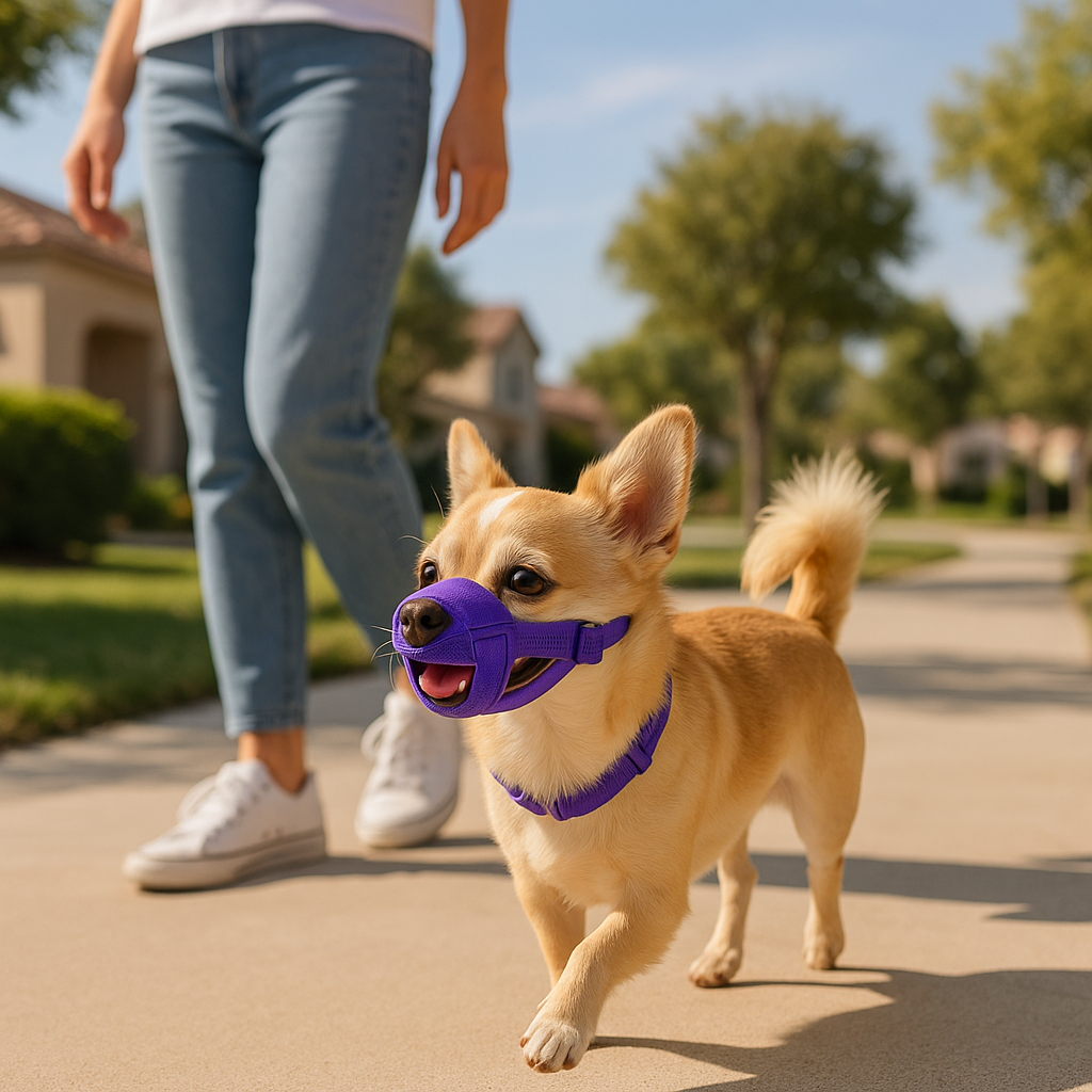 Chien avec une muselière mauve dans un quartier résidentiel