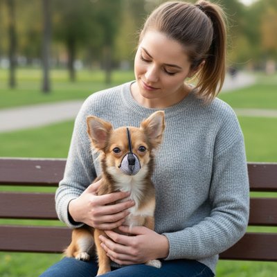 Muselière pour chien avec sa maîtresse sur le banc