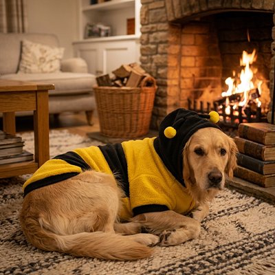 Pull chien devant le feu