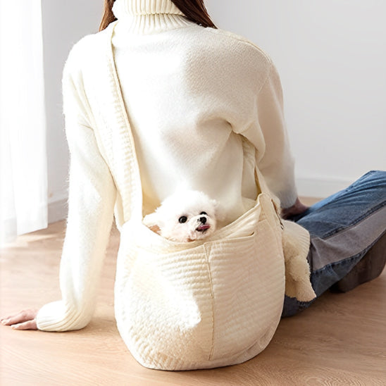 Petit caniche dans un sac de transport