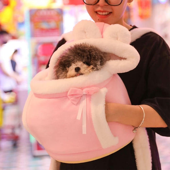 Chien au chaud dans son sac de transport rose