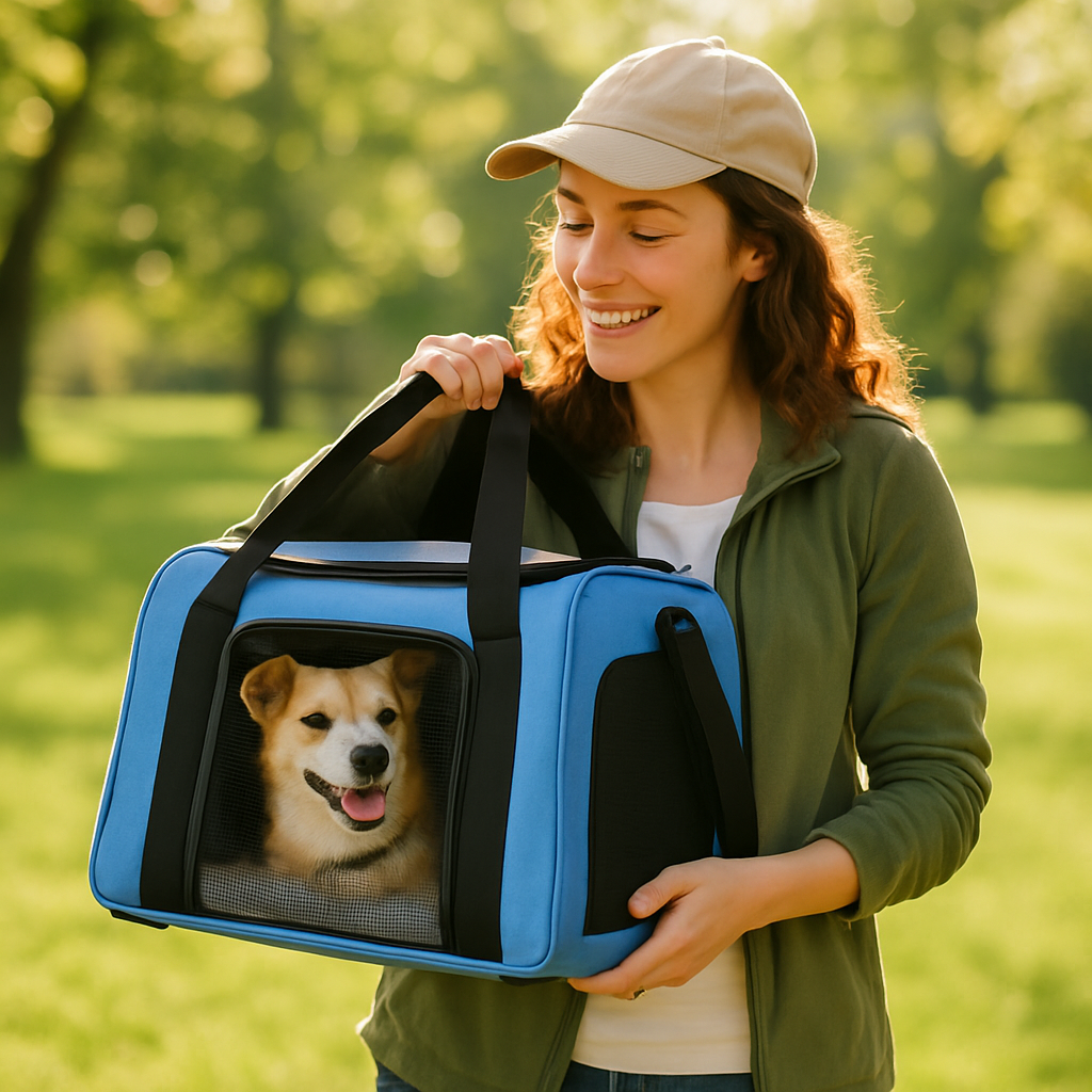 beau chien dans son sac de transport bleu en pleine nature