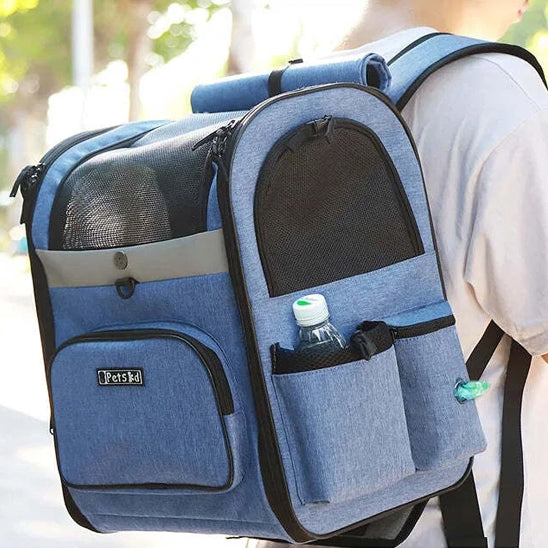 Sac de transport pour chien bleu avec ses différents compartimens