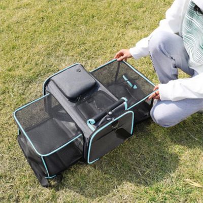 femme avec sac de transport extensible bleu