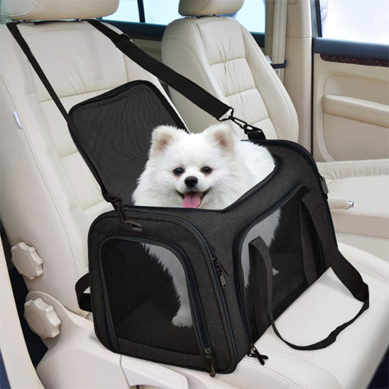 Petit chien heureux dans son sac de transport noir attaché au siège de la voiture eu toute sécurité