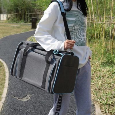 femme dans parc avec son sac de transport pour chien en bandoulliĂšre