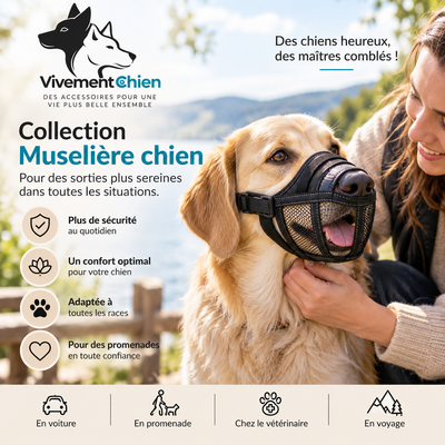 museliere chien avec sa maîtresse avec un gros sourire