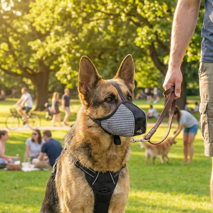 Muselière chien anti morsure blanc ave berger allemend au parc