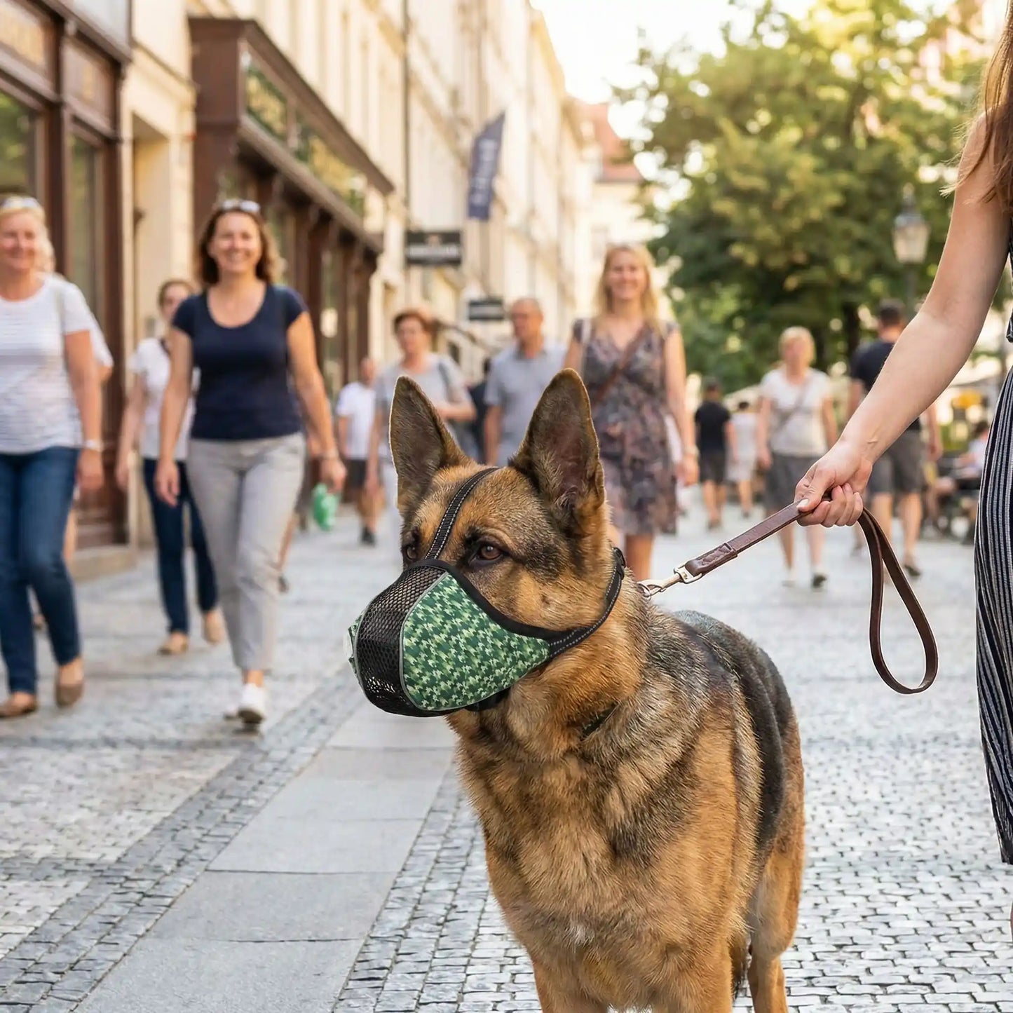 Muselière chien anti morsure vert ave berger allemend en ville