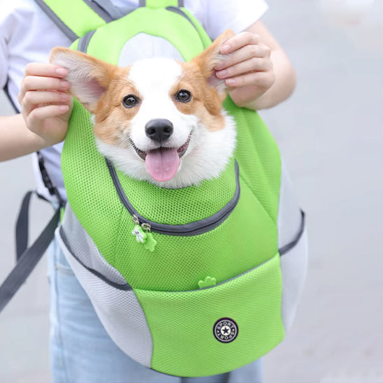 Femme avec sac de transport pour chien vert, en position devant sur ses épaule le chien très heureux