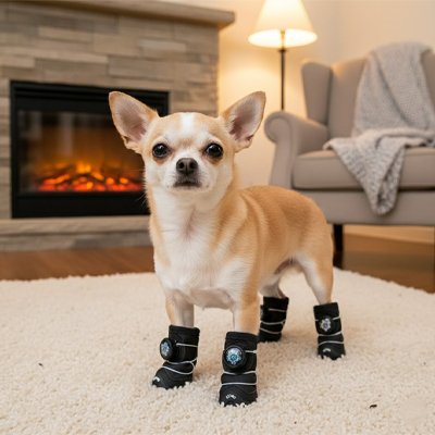 Chaussure Chien noir avec un chihuahua dans le salon
