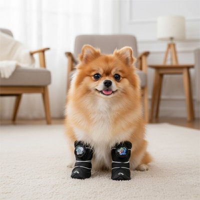 Chaussure Chien noir avec un petit chien dans le salon