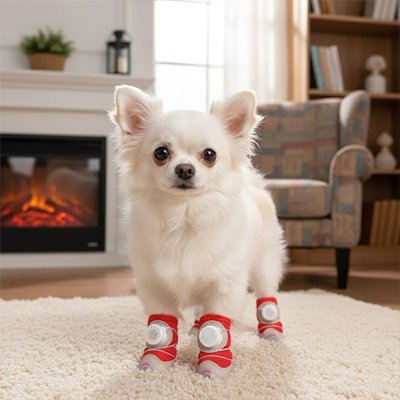 Chaussure Chien rouge avec un chihuahua dans le salon