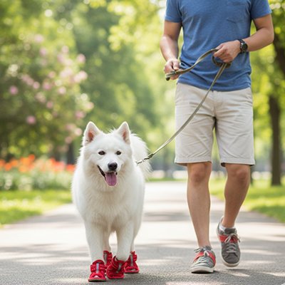 Chaussure Chiens rouge avec un chien et son maître en balade