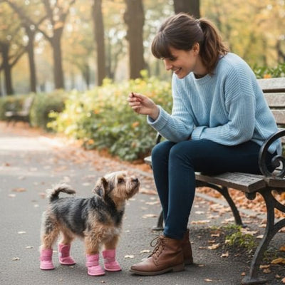 Chaussure pour Chien rose avec un chien et sa maîtresse assise sur le banc