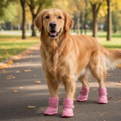 Chaussure pour Chien rose avec un golden retriever debout de face