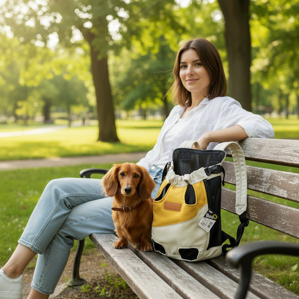 chien sac de transport sur le banc du parc