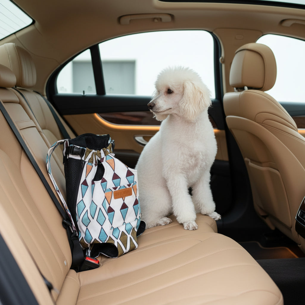 chien sac de transport sur le siège arrière de la voiture
