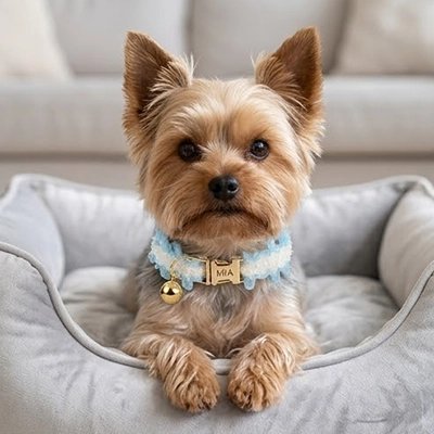 Collier Chien bleu assis sur fauteuil
