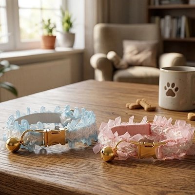 Collier Chien bleu et rose sur la table