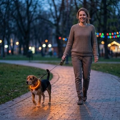Collier Chien lumineux orange sur la route