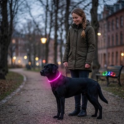 Collier Chien lumineux rose dans le parc