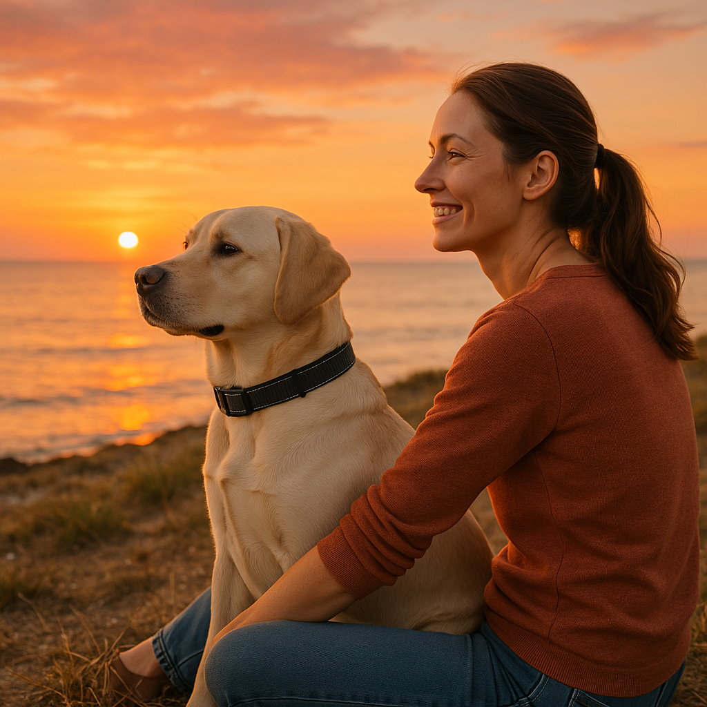 Chien assis à côté de sa maîtresse vêtu de son collier chien noir 