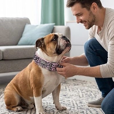 Collier Chien rose dans le salon