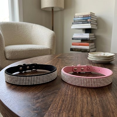 Collier Chien rose et noir sur la table