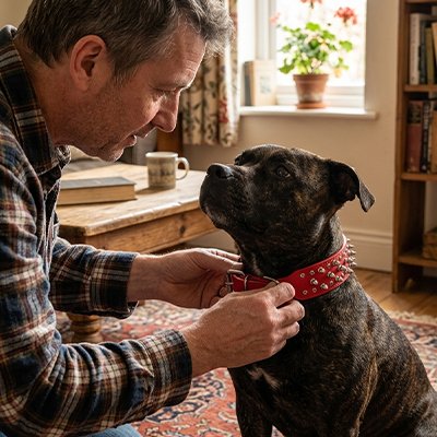Collier Chien rouge dans le salon
