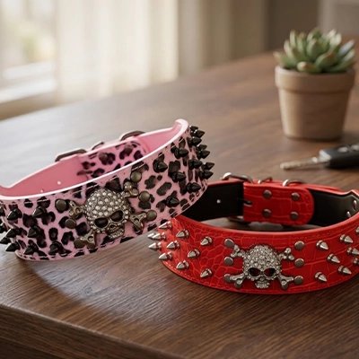 Collier Chien rouge et rose sur la table