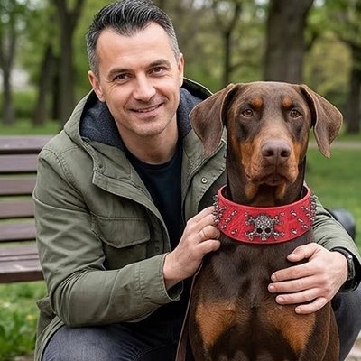Collier Chien rouge sur un banc de face