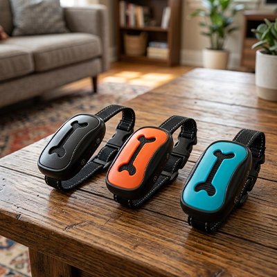 Collier de dressage pour Chien noir orange et bleu sur la table
