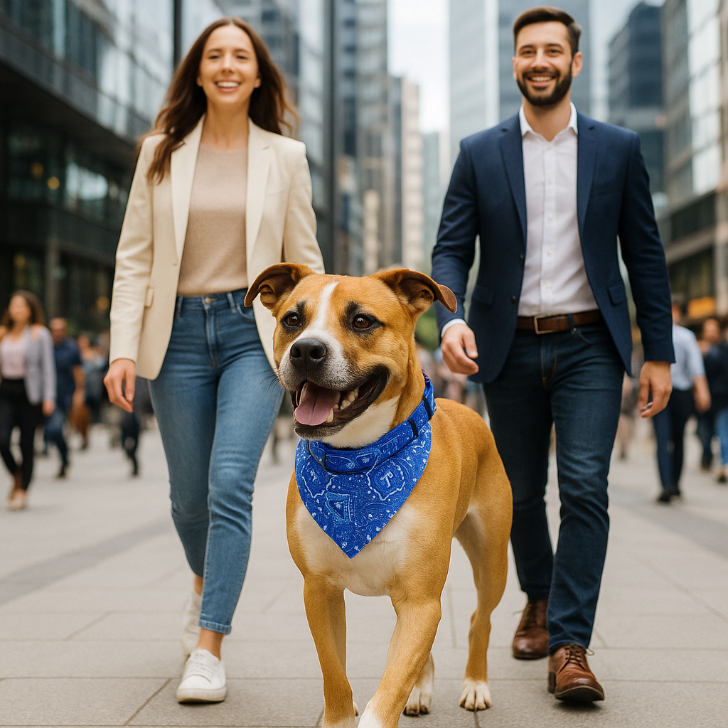 Chien vêtu de son collier bandana accompagné de ses maîtres dans la rue